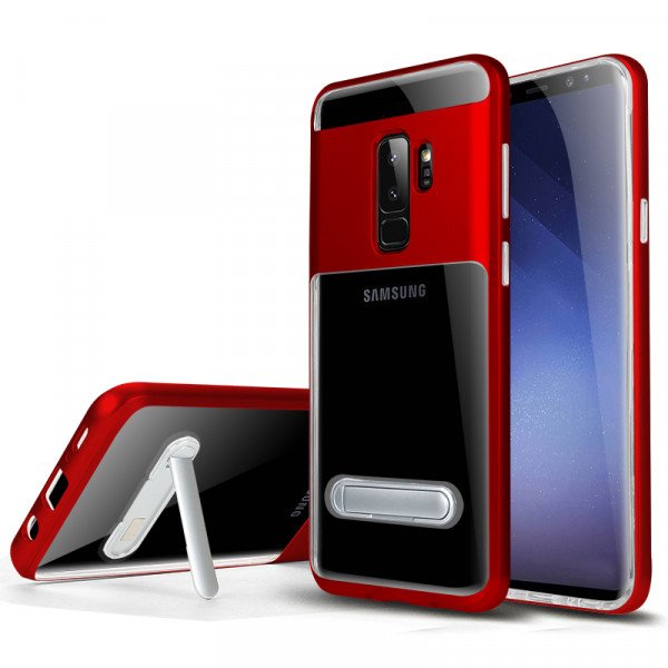 Wholesale Galaxy S9 Clear Armor Bumper Kickstand Case (Red)